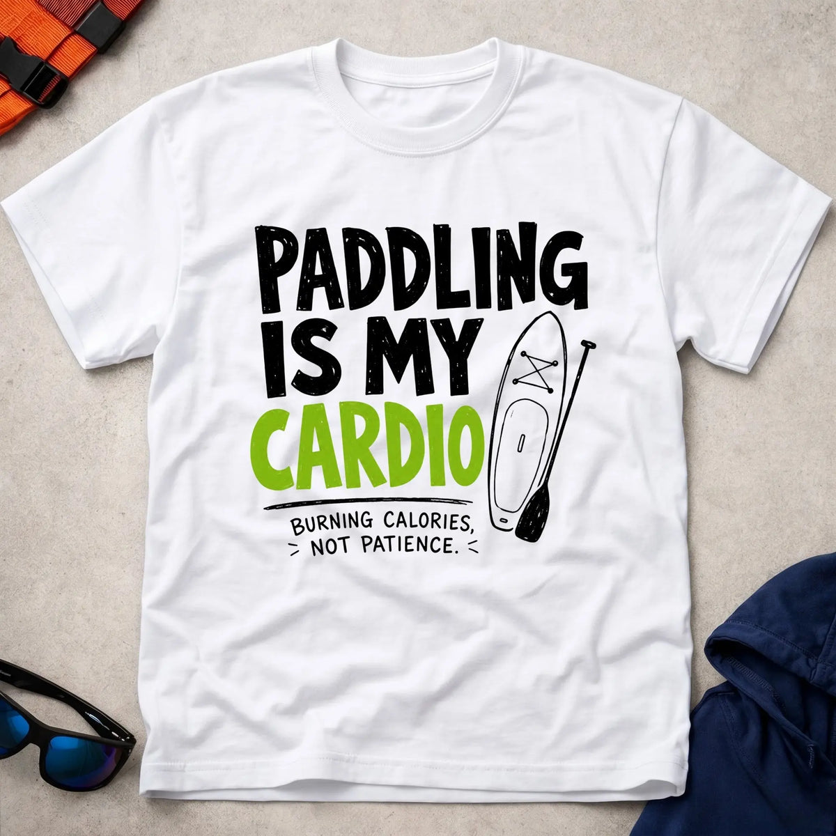 White Paddling Is My Cardio t-shirt for paddlers who skip the gym, Vector Paddle