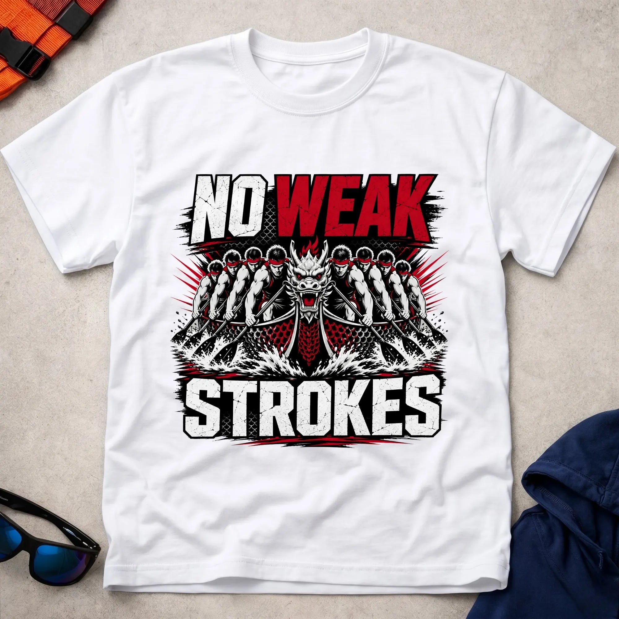 White No Weak Strokes dragon boat racing tee — full-send crew gift — Vector Paddle