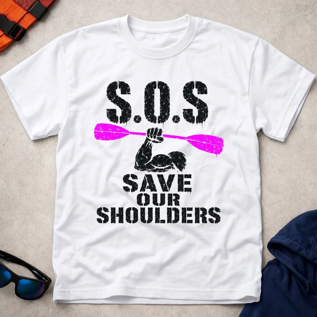 White Save Our Shoulders tee — marathon paddler gift — Vector Paddle