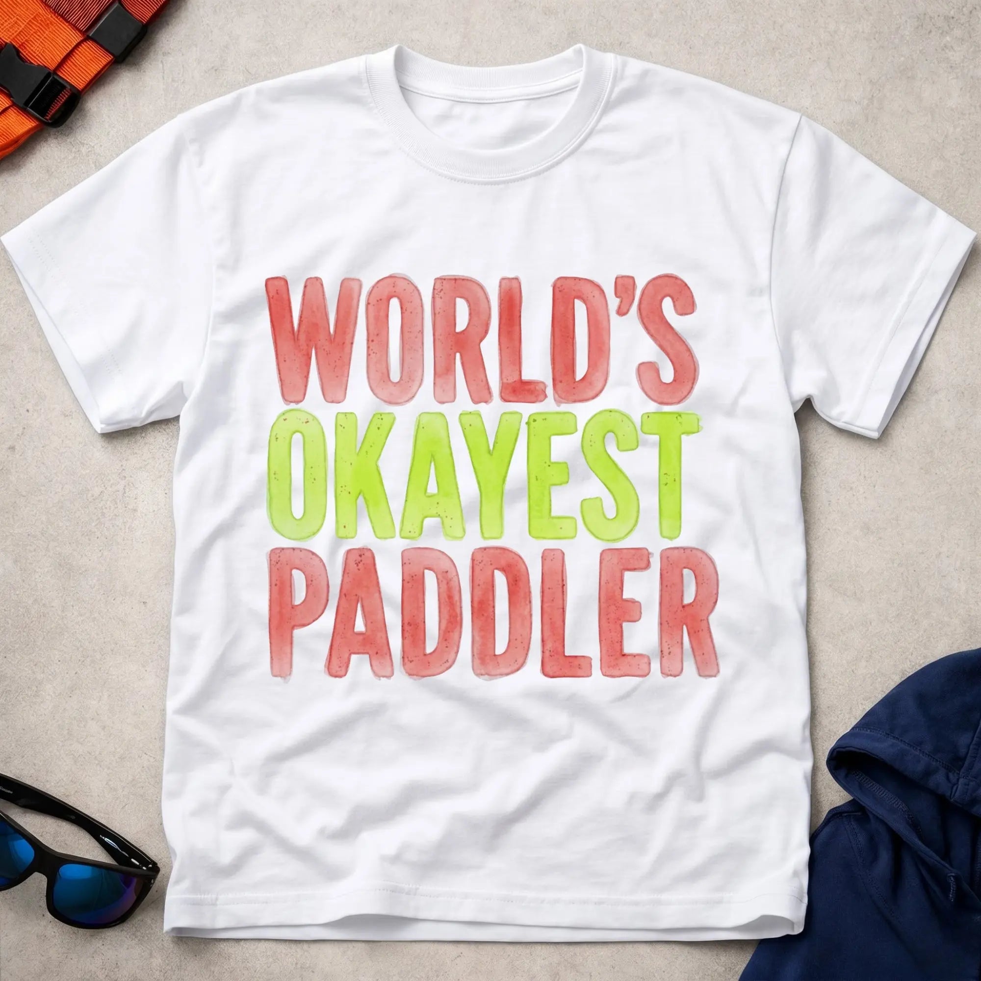 White World's Okayest Paddler grunge paddling tee — Vector Paddle