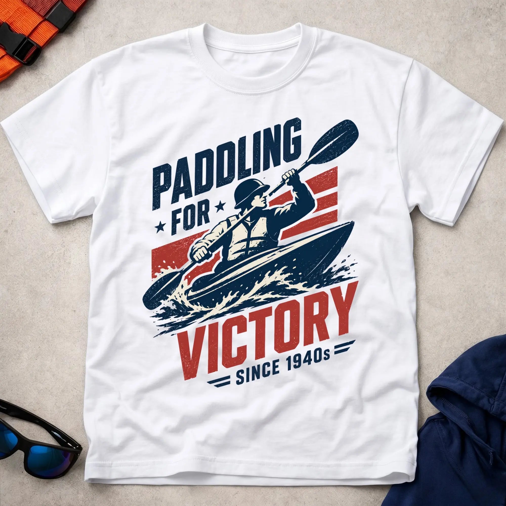 Paddling For Victory WW2-era kayak action tee | Vector Paddle