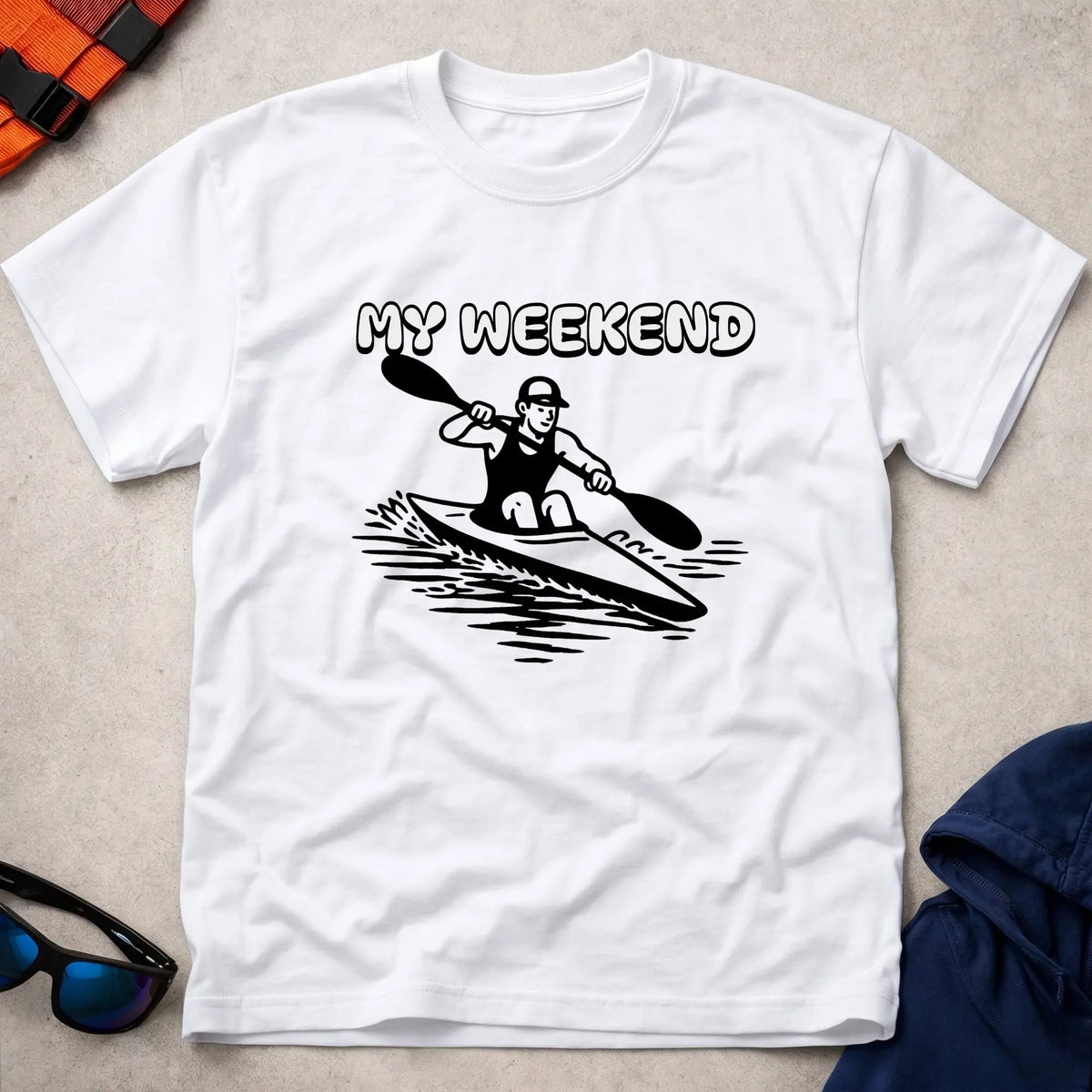 My Weekend K1 Sprint tee in White — cartoon K1 sprint kayaker with 'My Weekend' lettering — Vector Paddle