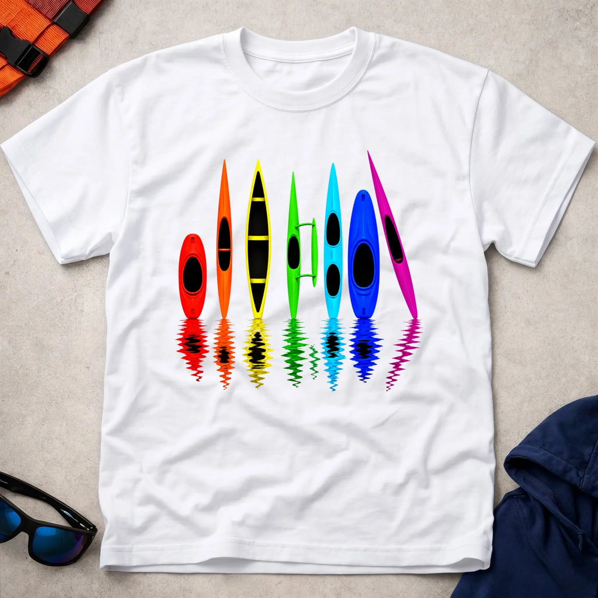 All The Boats unisex tee in White — colourful paddlesport fleet graphic — Vector Paddle