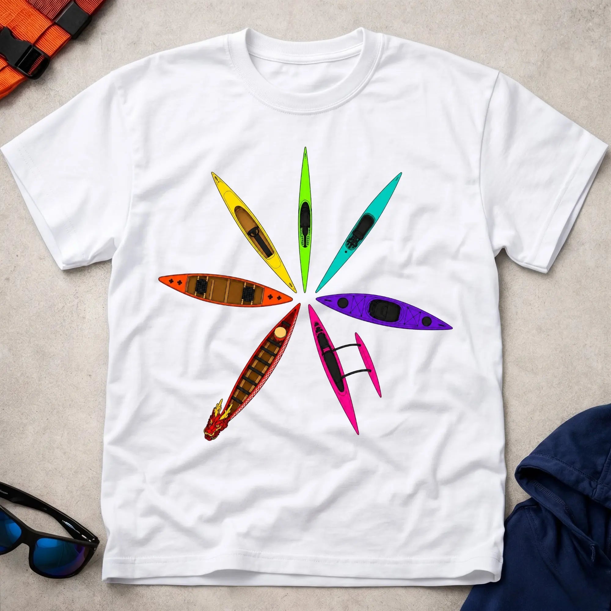 White Full Bloom paddling tee with bold multicolour graphic — Vector Paddle