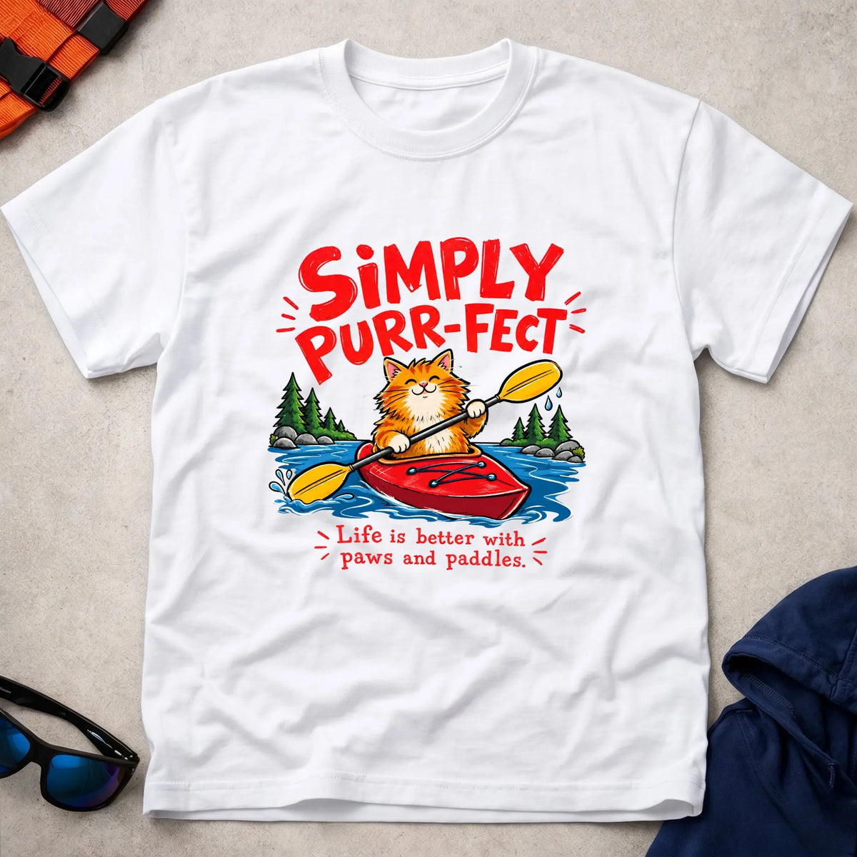 White Simply Purr-fect ginger cat kayak t-shirt - Vector Paddle
