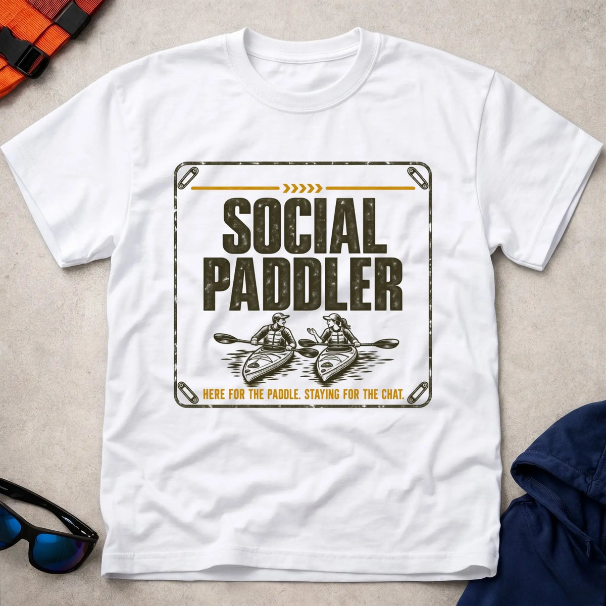 Social Paddler tee in White — two kayakers side by side, Here For The Paddle — Vector Paddle