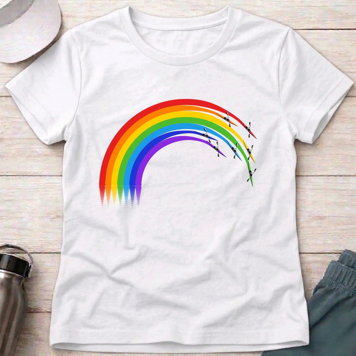 Over The Rainbow fitted tee in White — kayaks racing a rainbow arc — Vector Paddle
