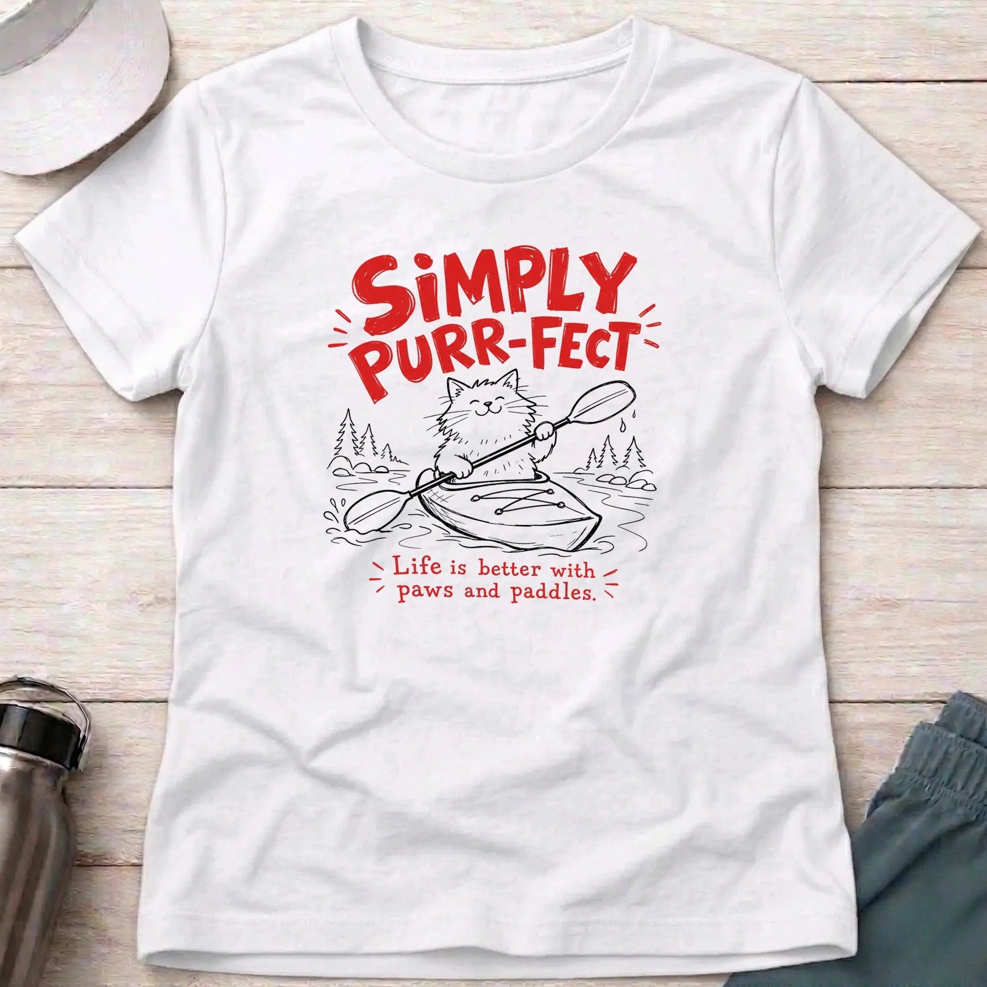 White Simply Purr-fect fitted tee — cat-loving paddler gift — Vector Paddle