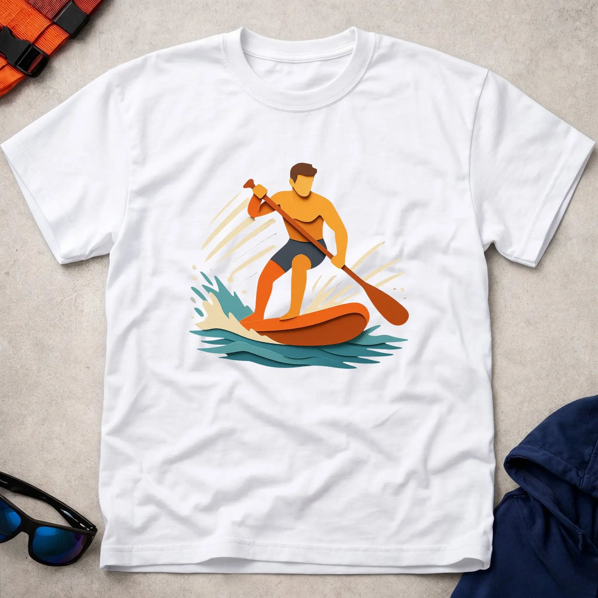 Cut Through tee in White — paper-cut stand-up paddleboarder in orange and teal — Vector Paddle