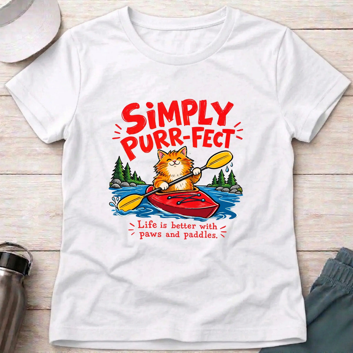 White Simply Purr-fect ginger cat kayak fitted tee - Vector Paddle