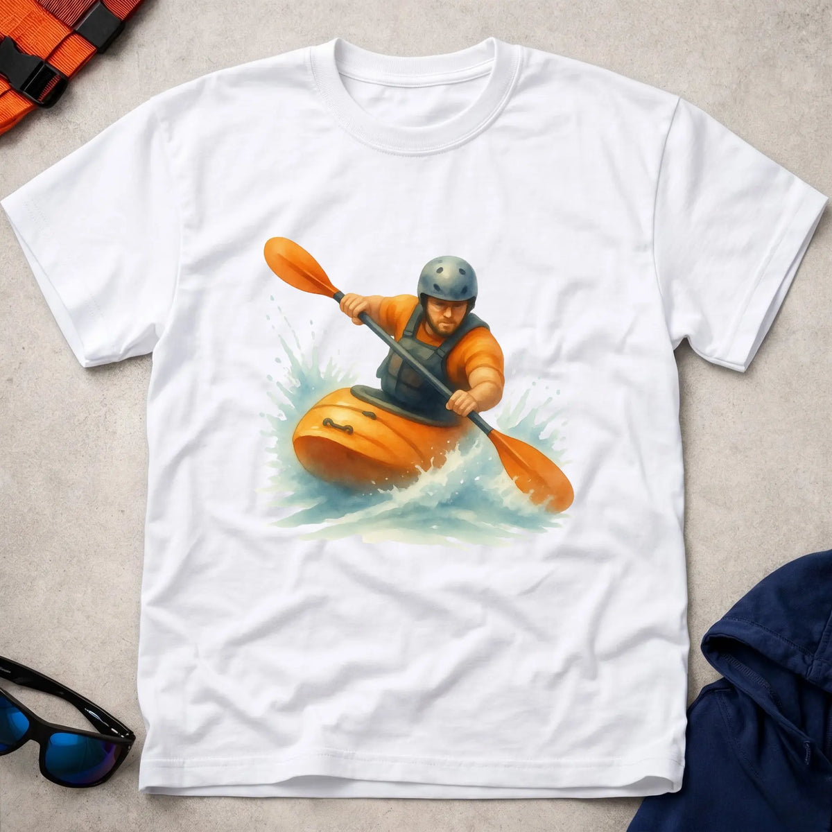 Read The River tee in White — watercolour whitewater kayaker in rapids — Vector Paddle