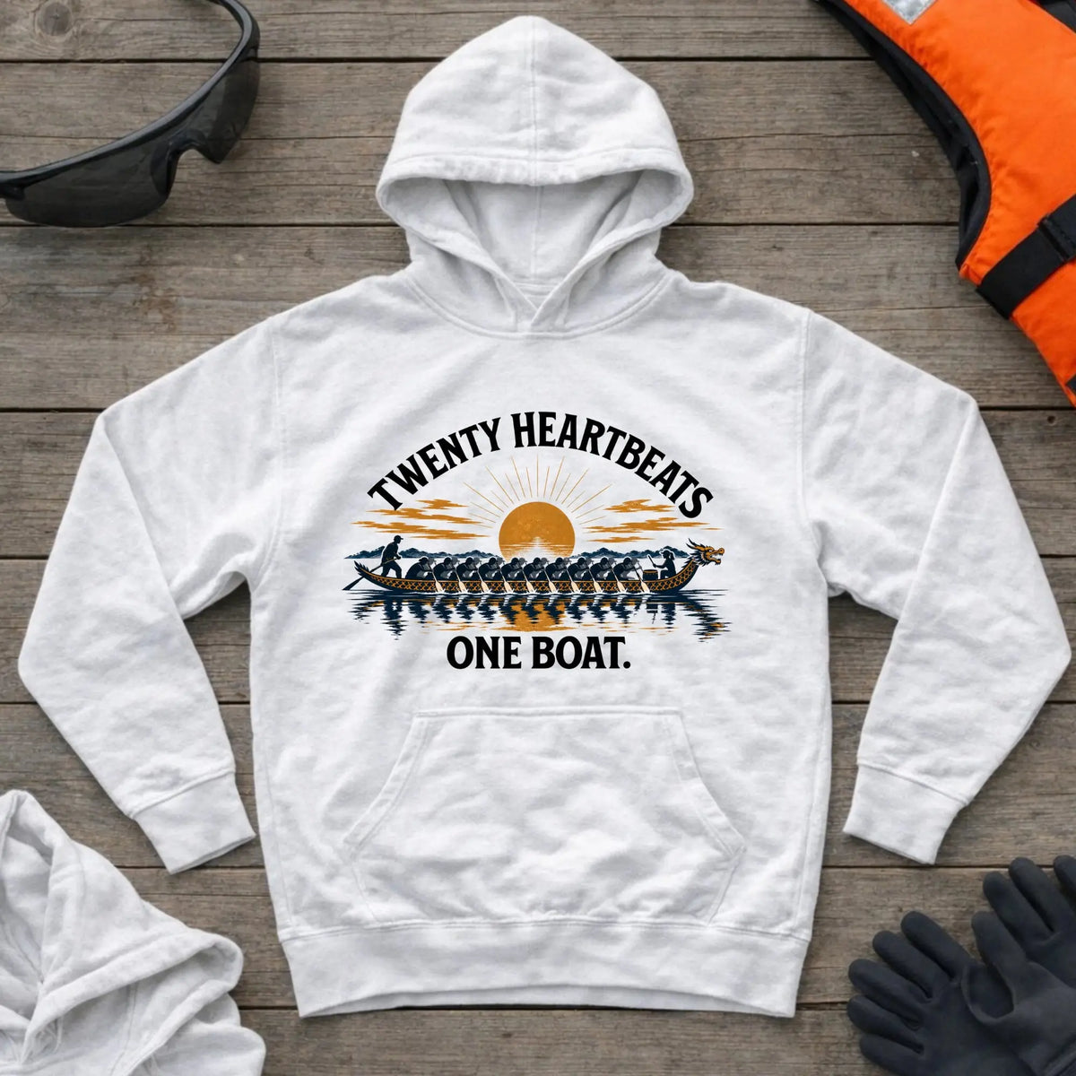 Twenty Heartbeats One Boat hoodie in White — dragon boat crew paddling in unison — Vector Paddle