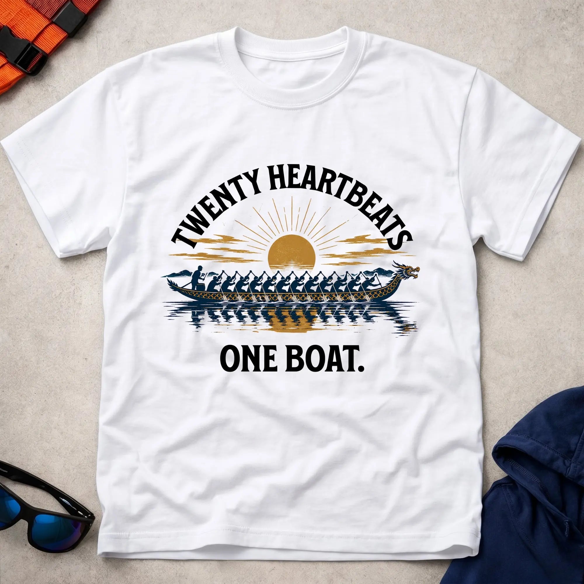 White Twenty Heartbeats One Boat dragon boat tee — full-crew unity gift — Vector Paddle