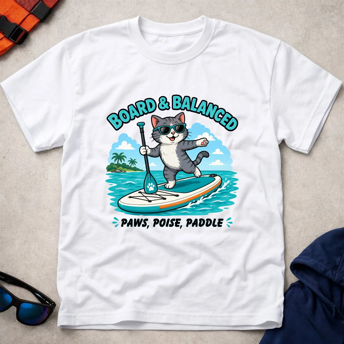 White Bored & Balanced tee — SUP cat-lover gift — Vector Paddle
