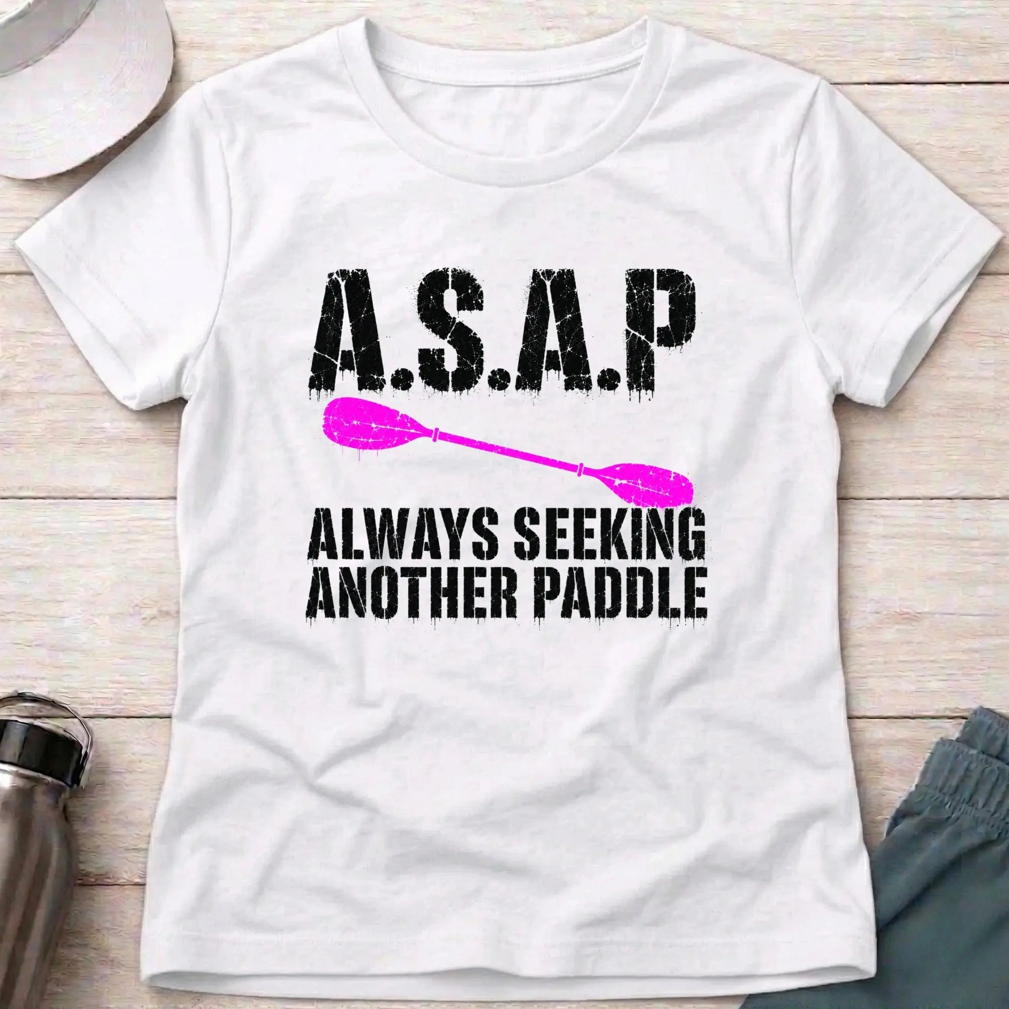 White A.S.A.P. fitted tee — Always Seeking Another Paddle gift for women — Vector Paddle