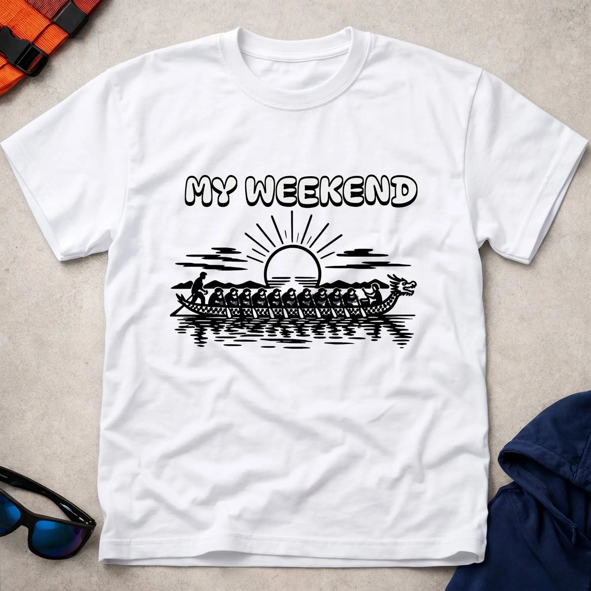 My Weekend Dragon Boat tee in White — dragon boat crew at sunrise with 'My Weekend' lettering — Vector Paddle