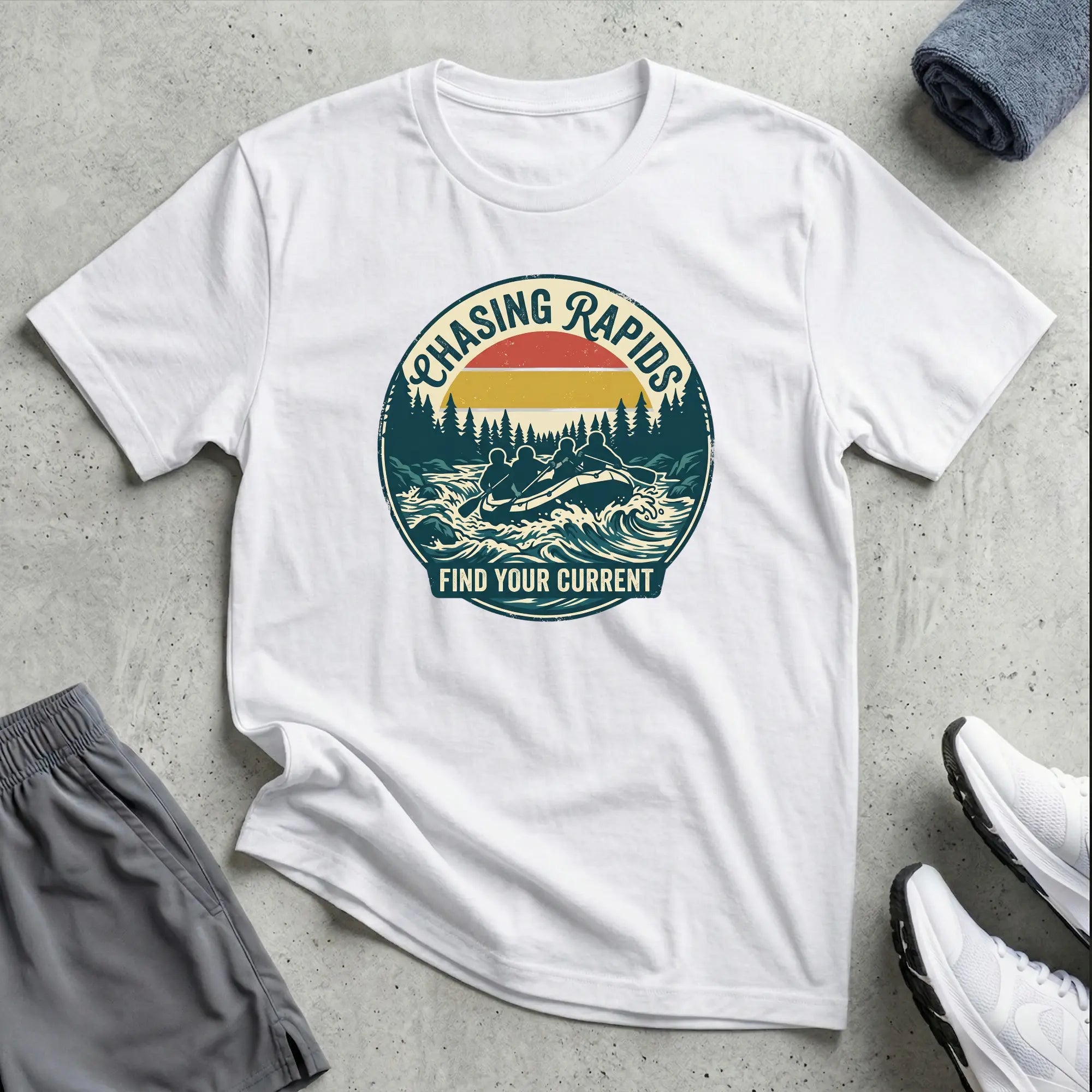 Chasing Rapids - Find Your Current. Rafting T-Shirt - RELAXED Printify