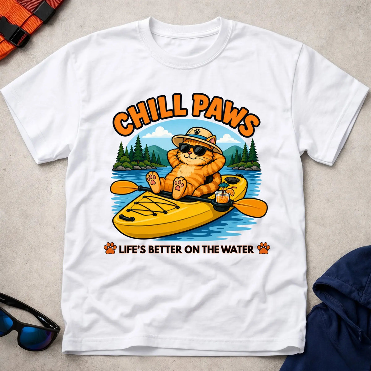 White Chill Paws tee — calm-under-pressure paddling gift — Vector Paddle