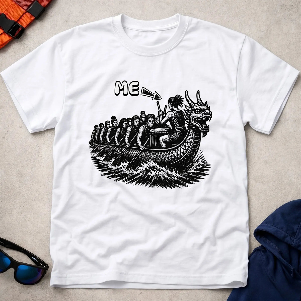 That's Me Drummer tee in White — woodcut dragon boat with 'ME' arrow on the drummer — Vector Paddle