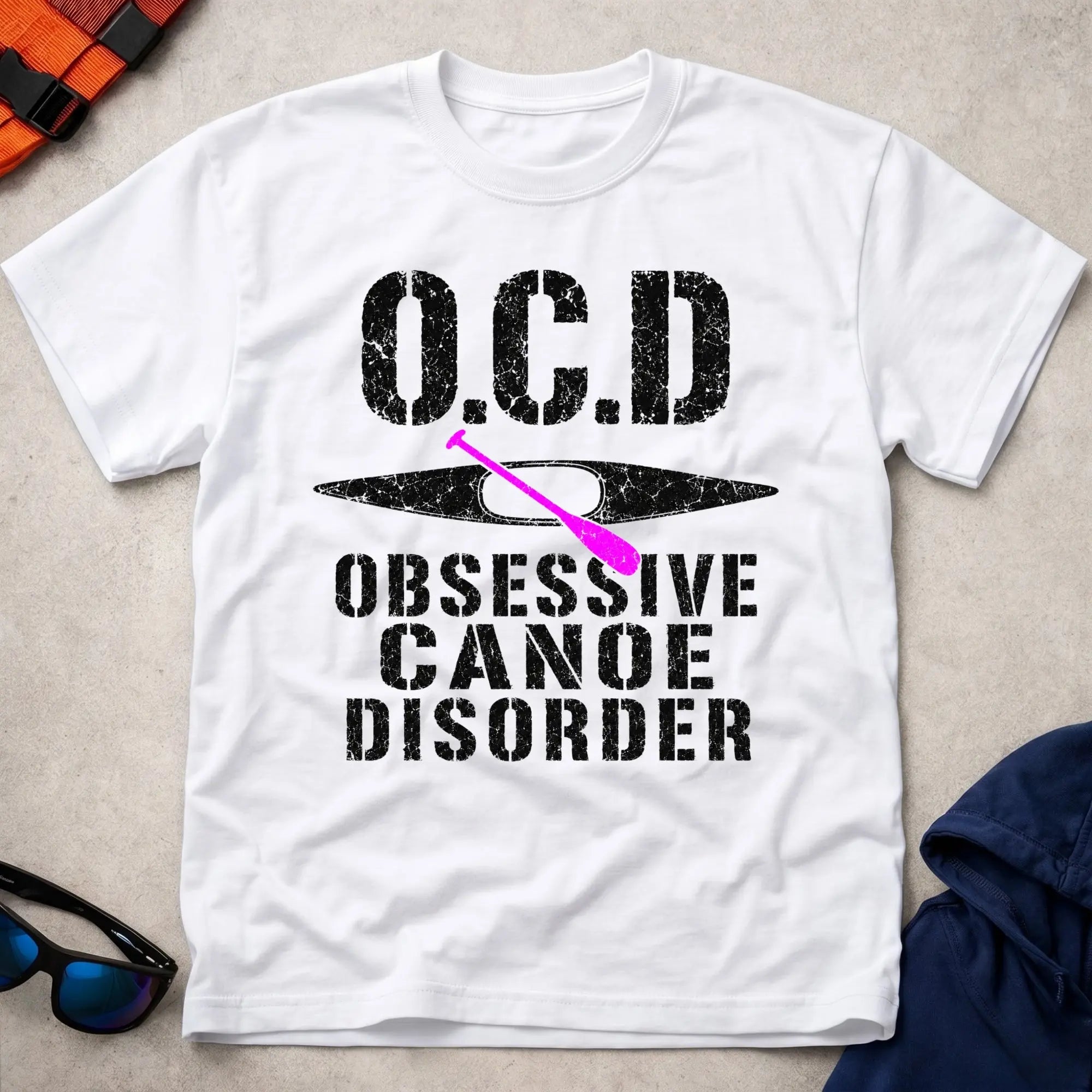 White Obsessive Canoe Disorder tee — funny canoe-obsessed paddling gift — Vector Paddle