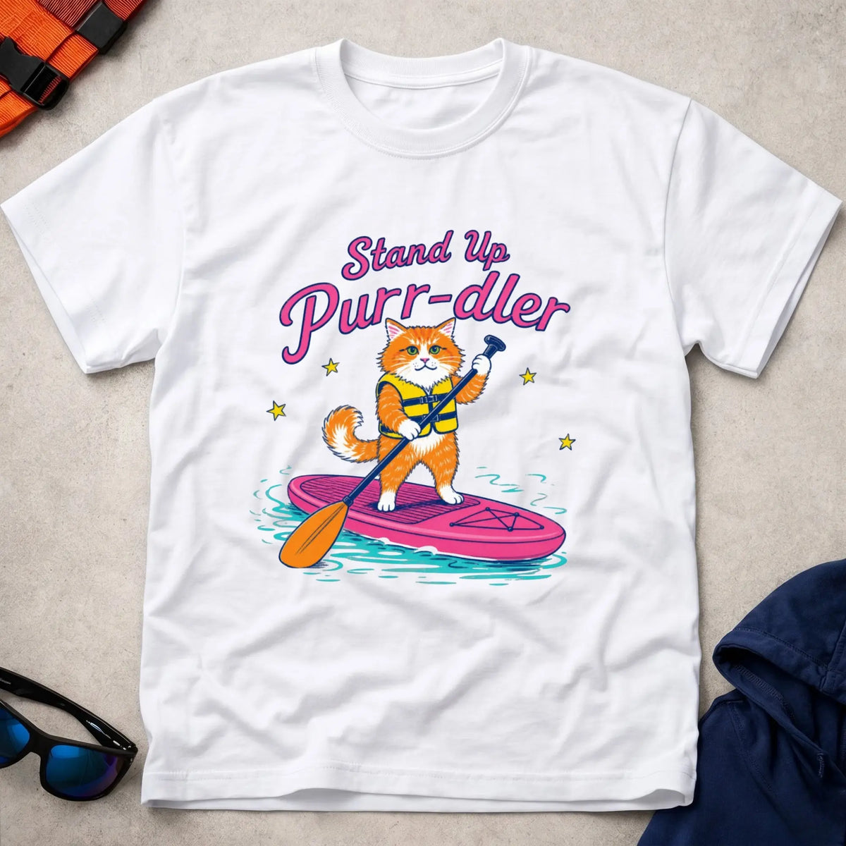 White Stand Up Purr-dler cat SUP paddling tee — Vector Paddle