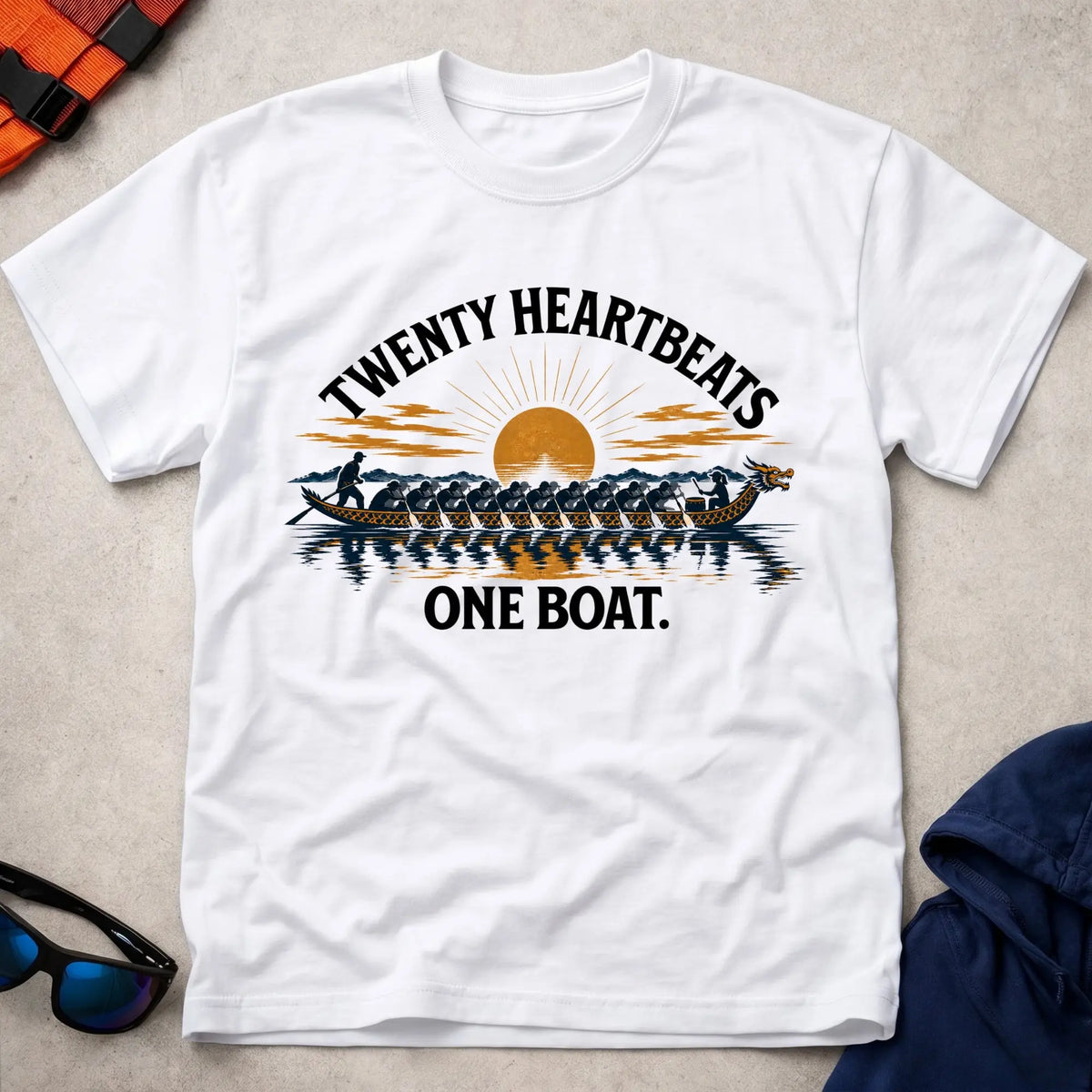 Twenty Heartbeats, One Boat unisex tee in White — dragon boat crew tee — Vector Paddle