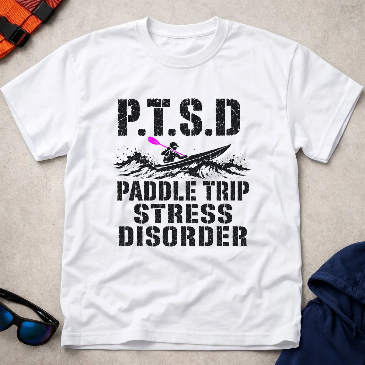 White P.T.S.D. tee — Paddle Trip Stress Disorder gift — Vector Paddle