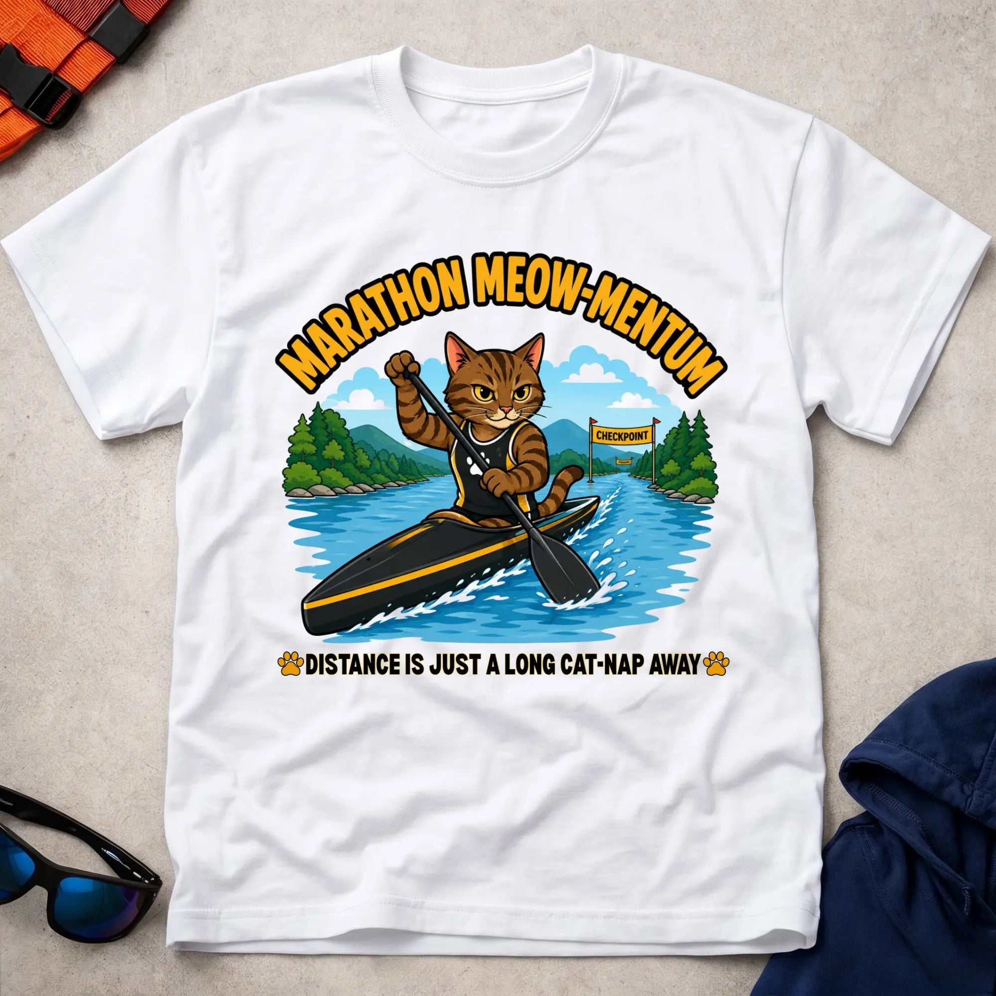 White Marathon Meow-mentum tee — marathon paddling cat-lover gift — Vector Paddle