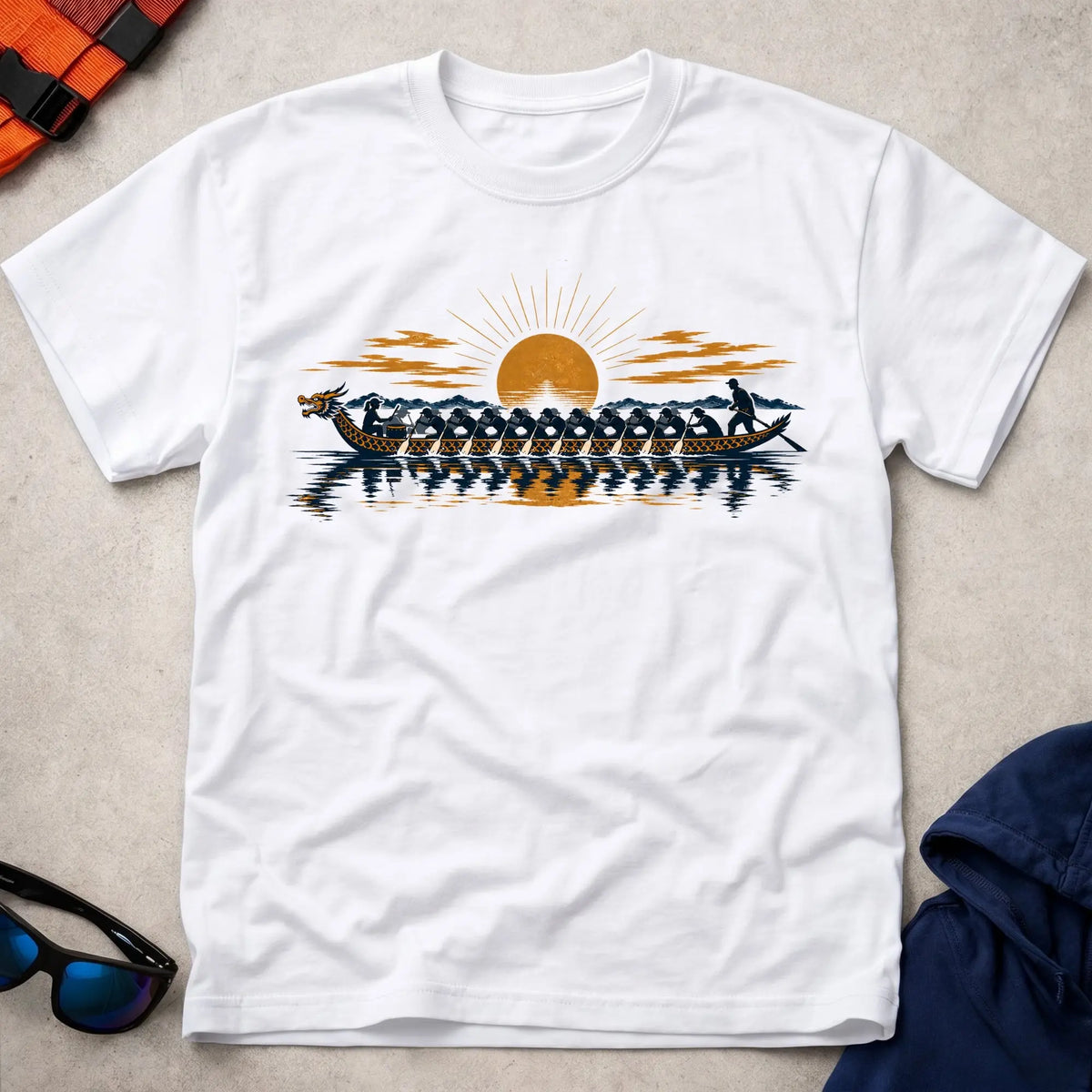 Golden Hour Dragon tee in White — navy and gold dragon boat crew at sunset — Vector Paddle