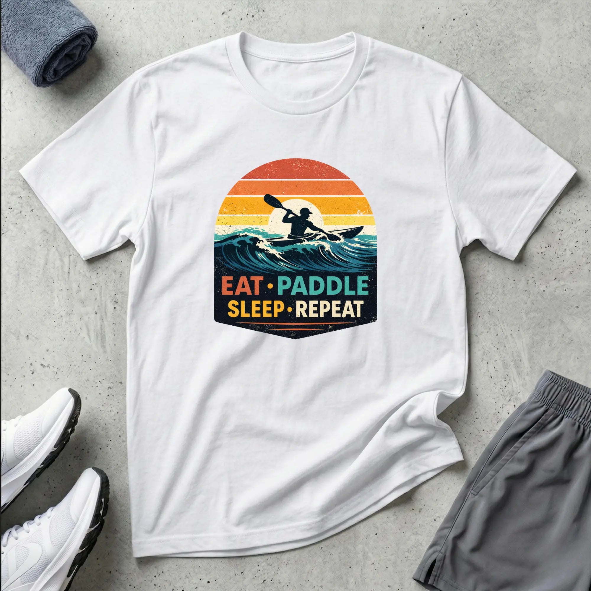 Eat Paddle Sleep Repeat. Ocean Kayak retro colour sunset T-Shirt Printify