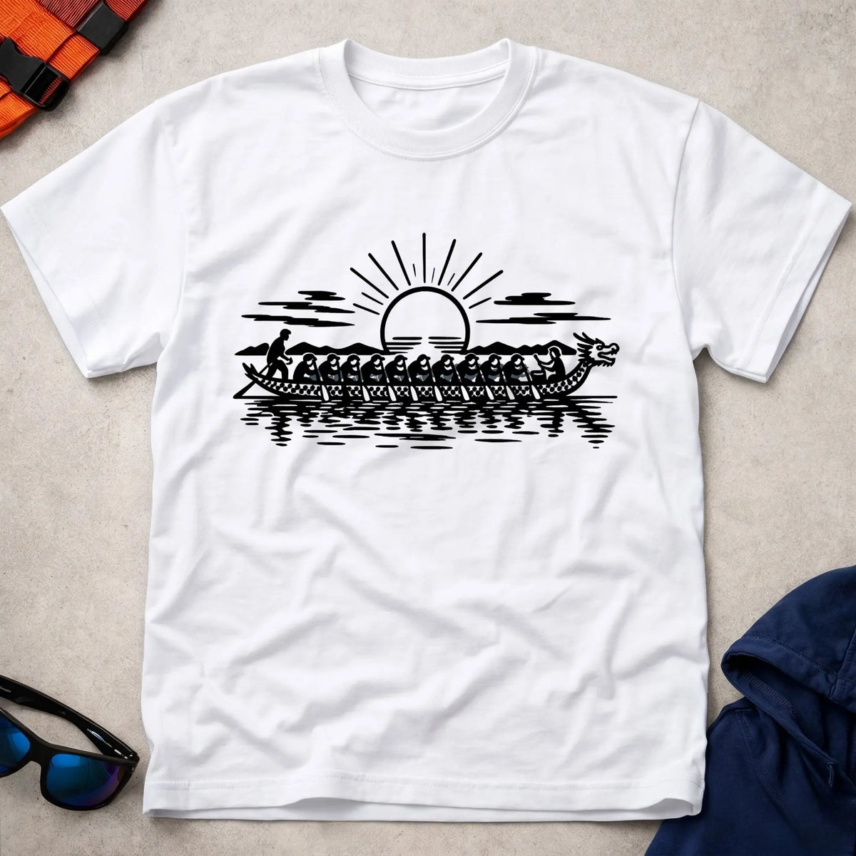 Dawn Crew tee in White — dragon boat crew paddling at sunrise — Vector Paddle