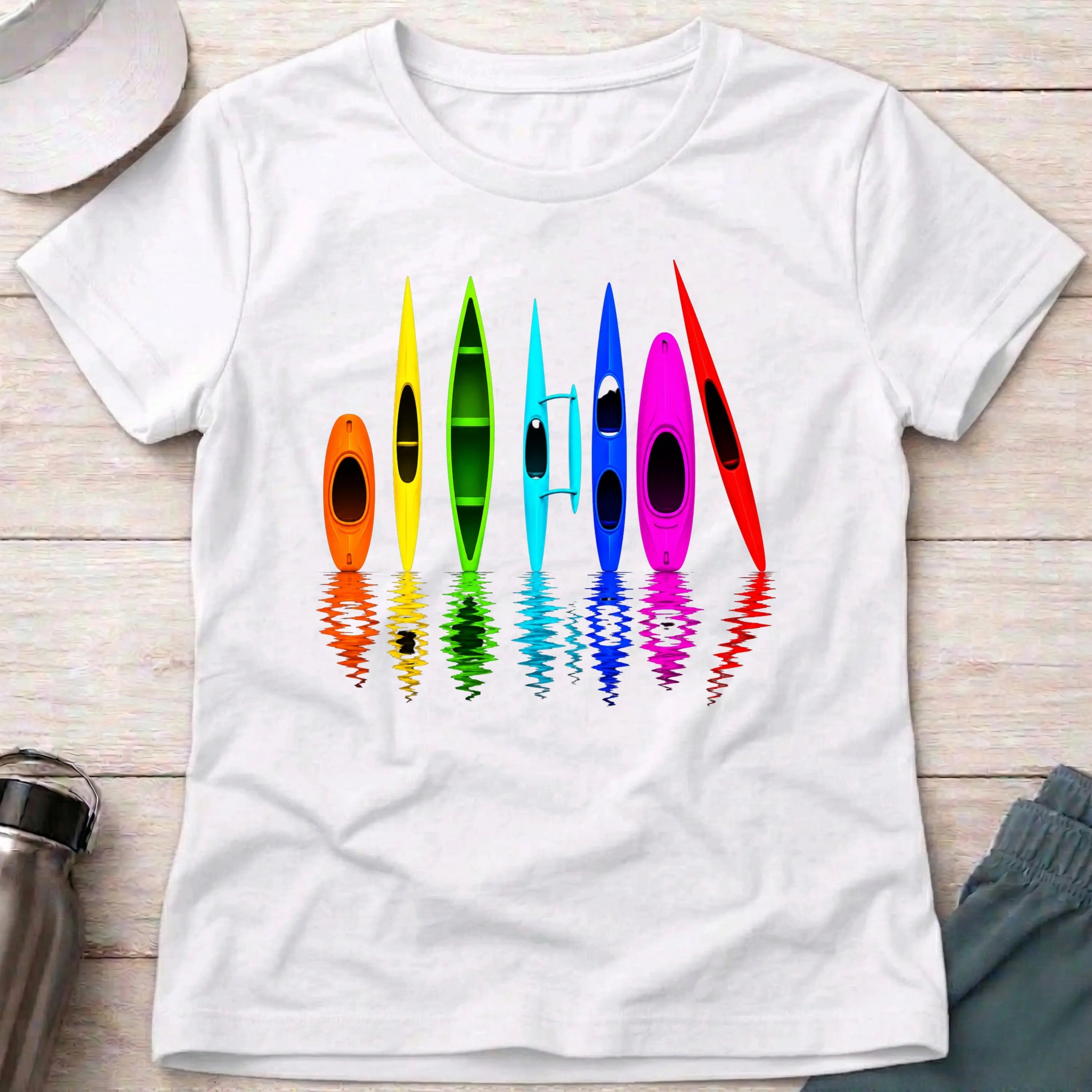 All The Boats women's fitted tee in White — colourful paddlesport fleet graphic — Vector Paddle