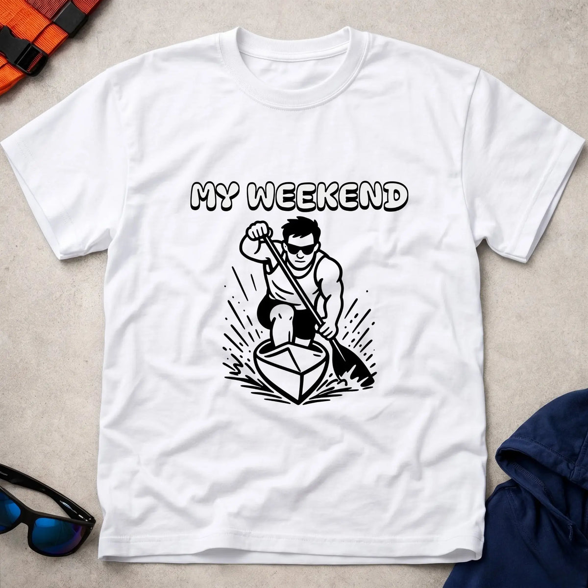 My Weekend C1 tee in White — cartoon C1 sprint canoeist with 'My Weekend' lettering — Vector Paddle