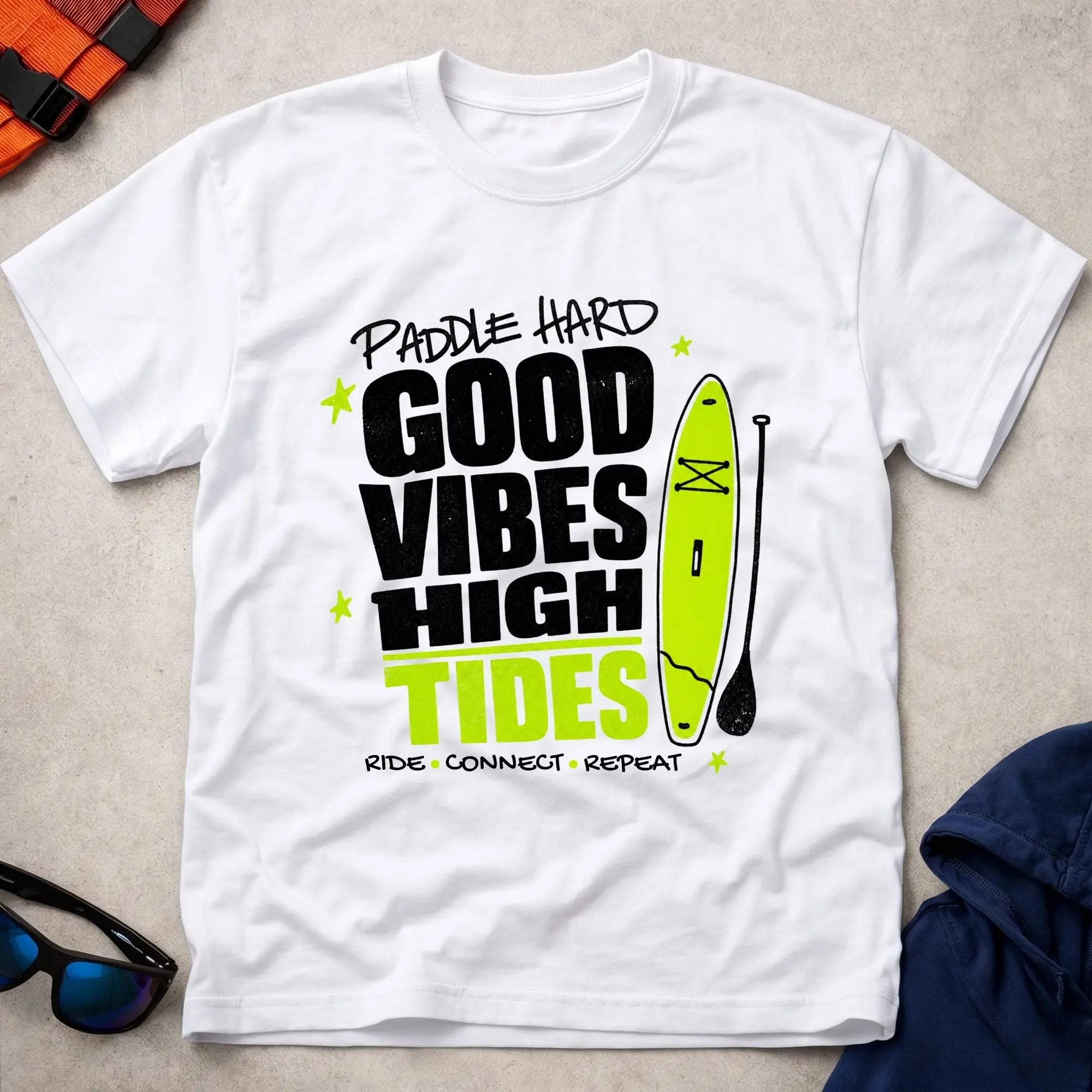 White Good Vibes High Tides paddling t-shirt for laid-back water days, Vector Paddle