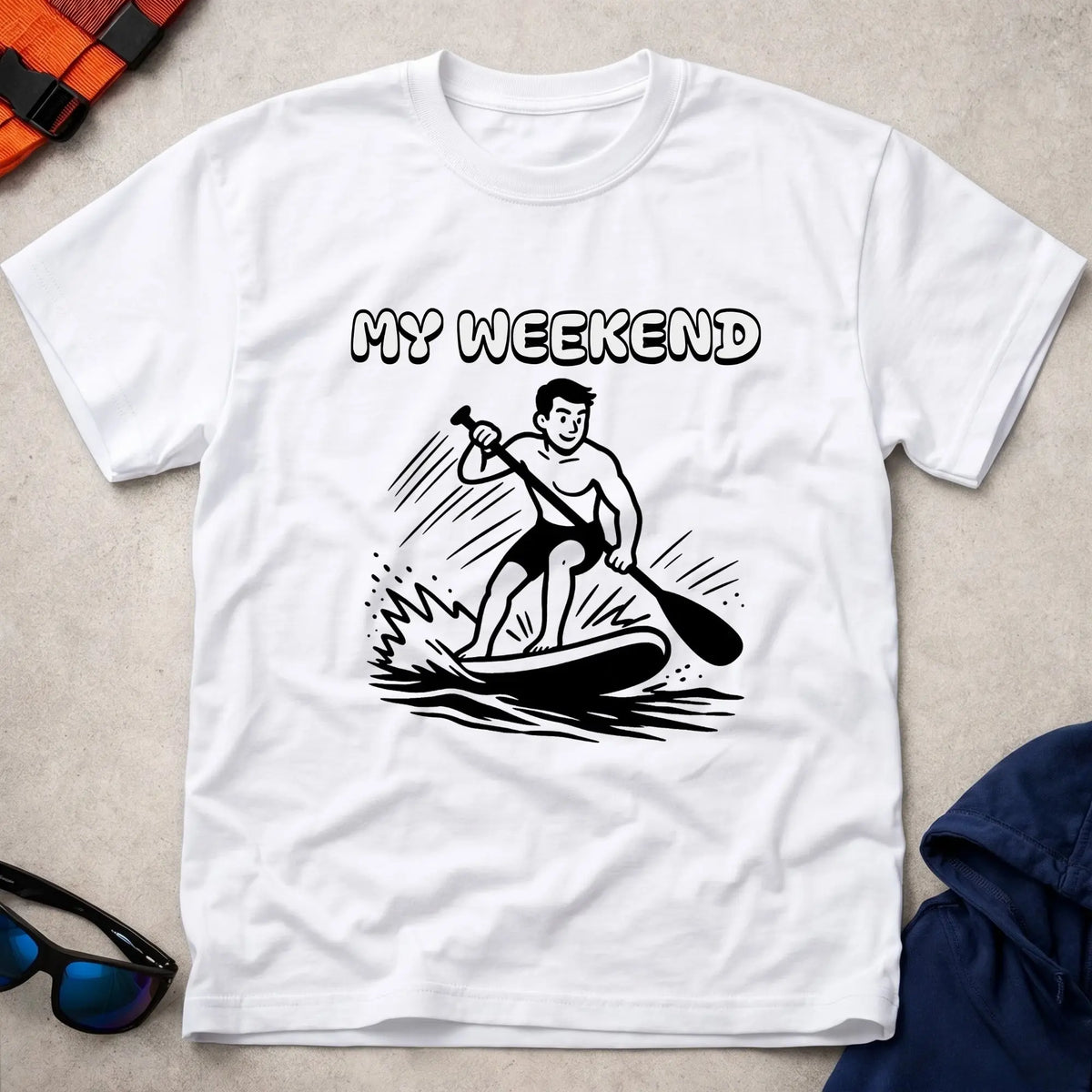 My Weekend SUP tee in White — cartoon stand-up paddleboarder with 'My Weekend' lettering — Vector Paddle