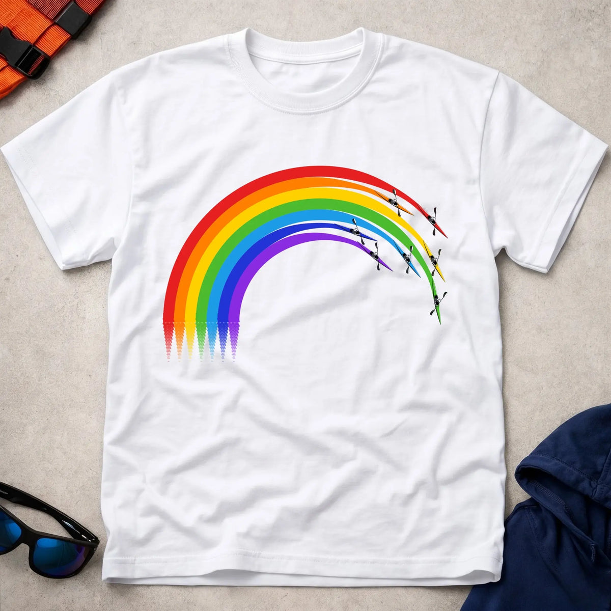 Over The Rainbow tee in White — K1 sprint kayaks with rainbow wakes — Vector Paddle
