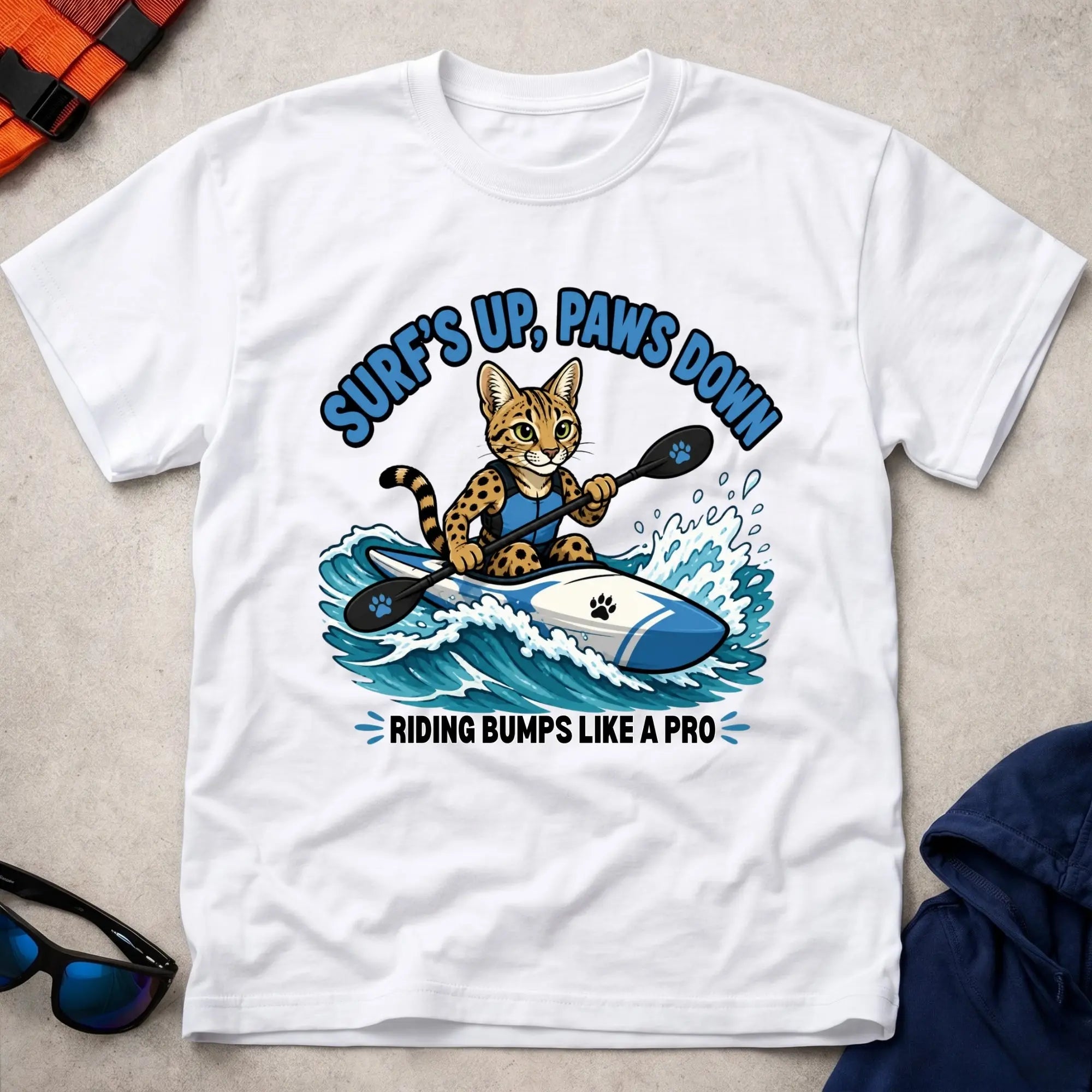 White Surfs Up, Paws Down tee — open-water paddling gift — Vector Paddle