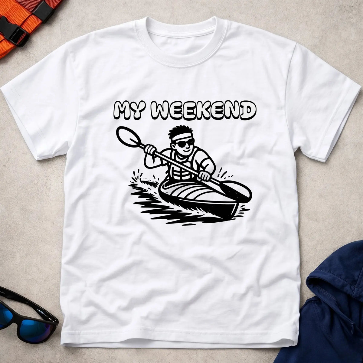 My Weekend K1 tee in White — cartoon kayaker with 'My Weekend' lettering — Vector Paddle