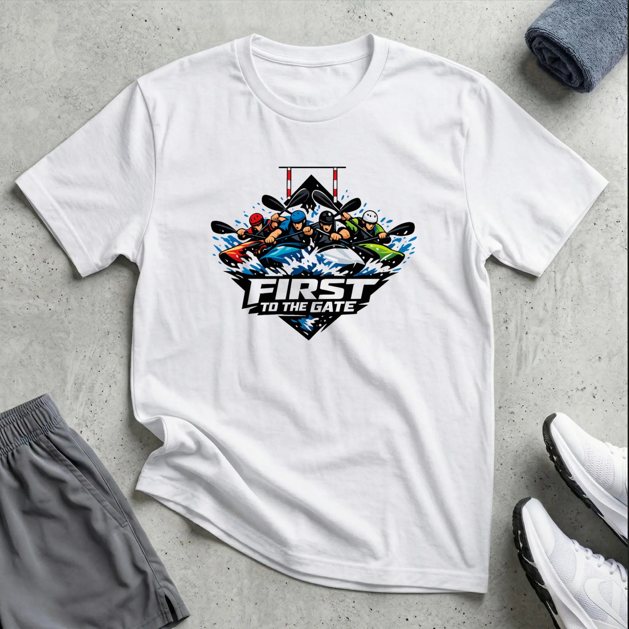 First To The Gate. Kayak Cross T-Shirt Printify