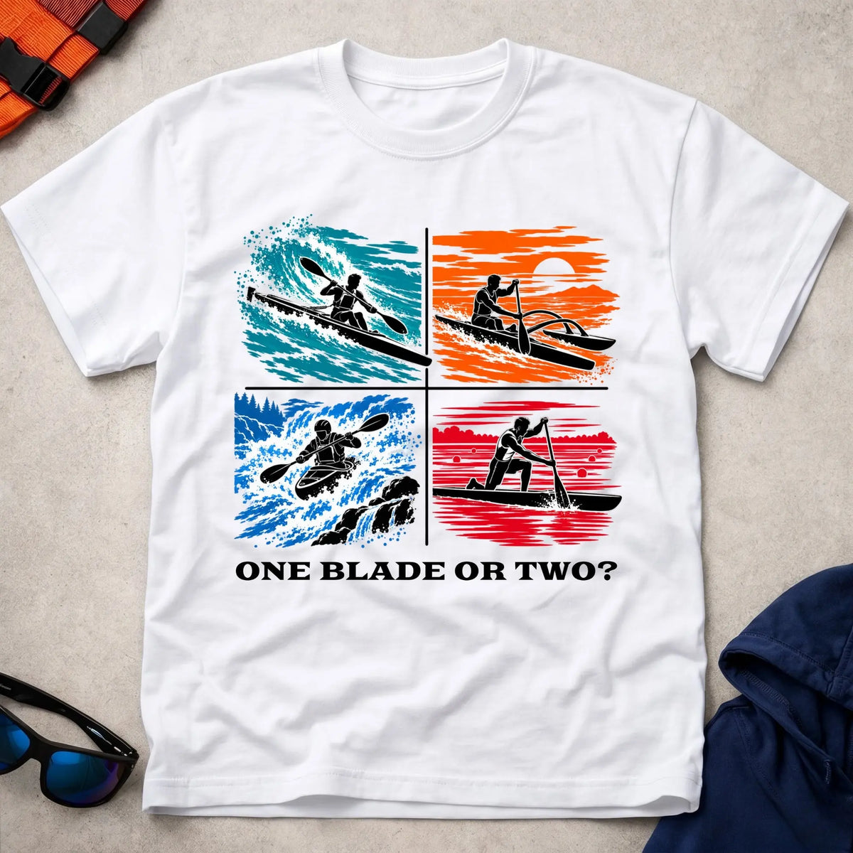 One Blade Or Two tee in White — four-panel design with surfski, OC1 outrigger, whitewater kayak and C1 canoe — Vector Paddle
