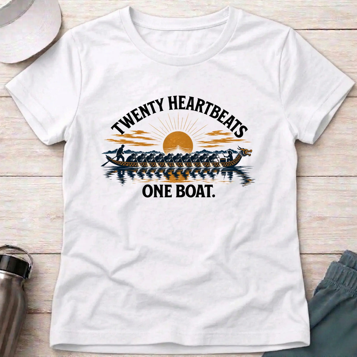Twenty Heartbeats One Boat fitted tee in White — sunset dragon boat crew graphic — Vector Paddle