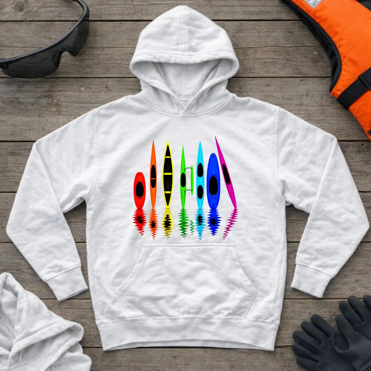 All The Boats hoodie in White — kayak, canoe, outrigger and surfski fleet design — Vector Paddle
