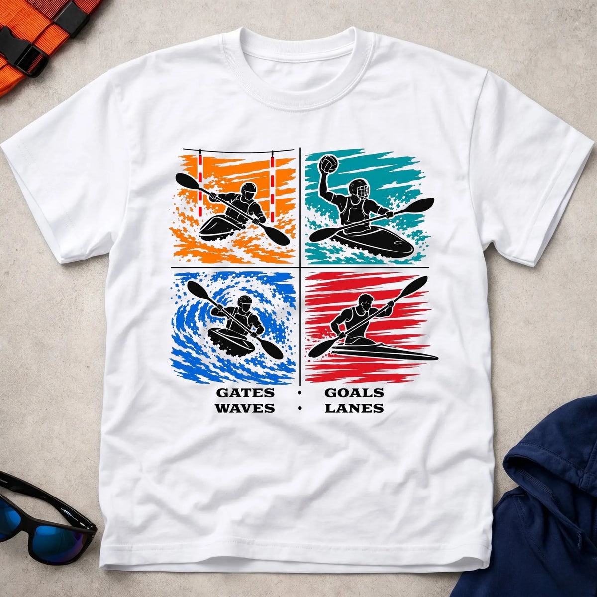 Gates, Goals, Waves, Lanes tee in White — four-panel kayak design with slalom, canoe polo, whitewater and sprint paddlers — Vector Paddle