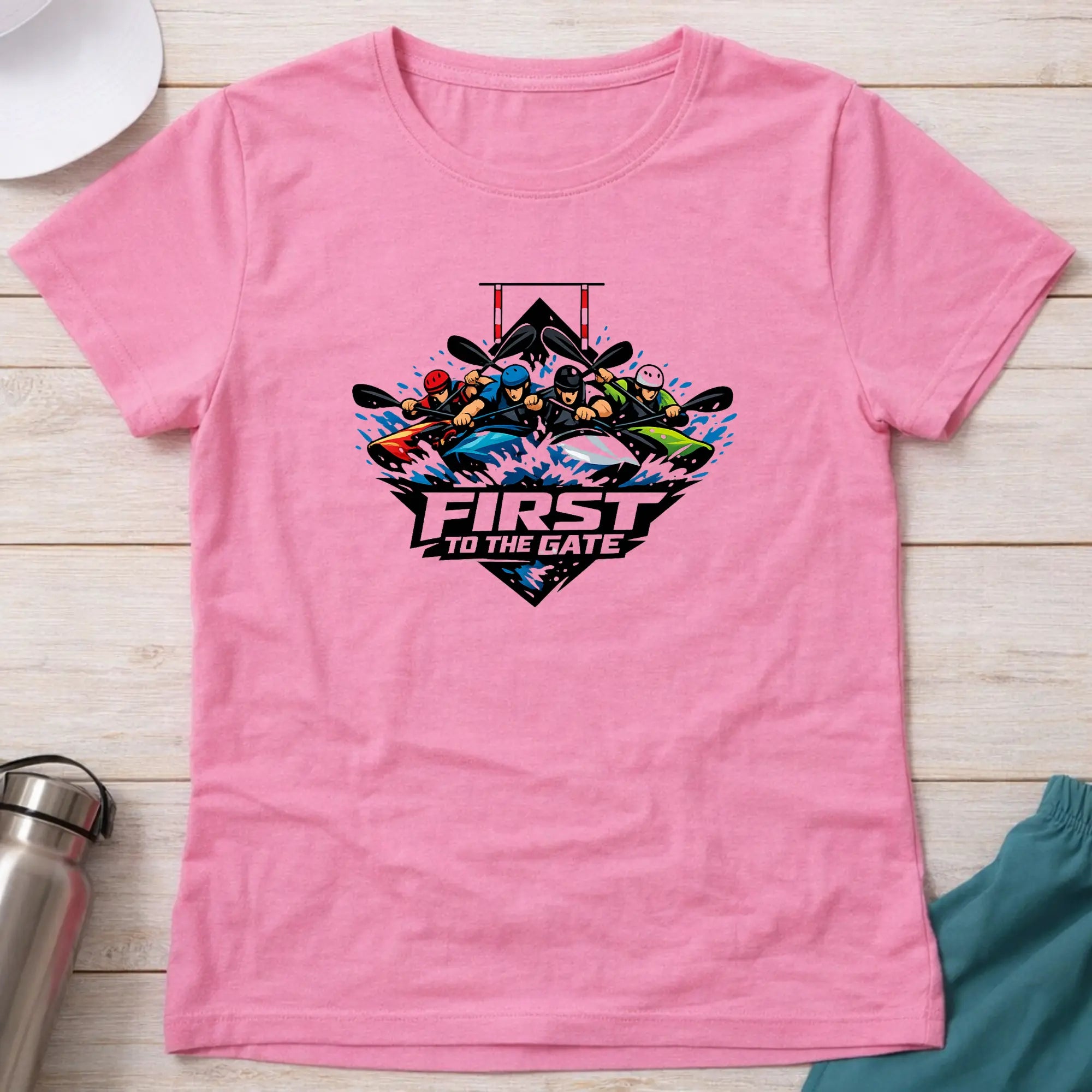 First To The Gate. Kayak Cross Slalom Female T-Shirt Printify