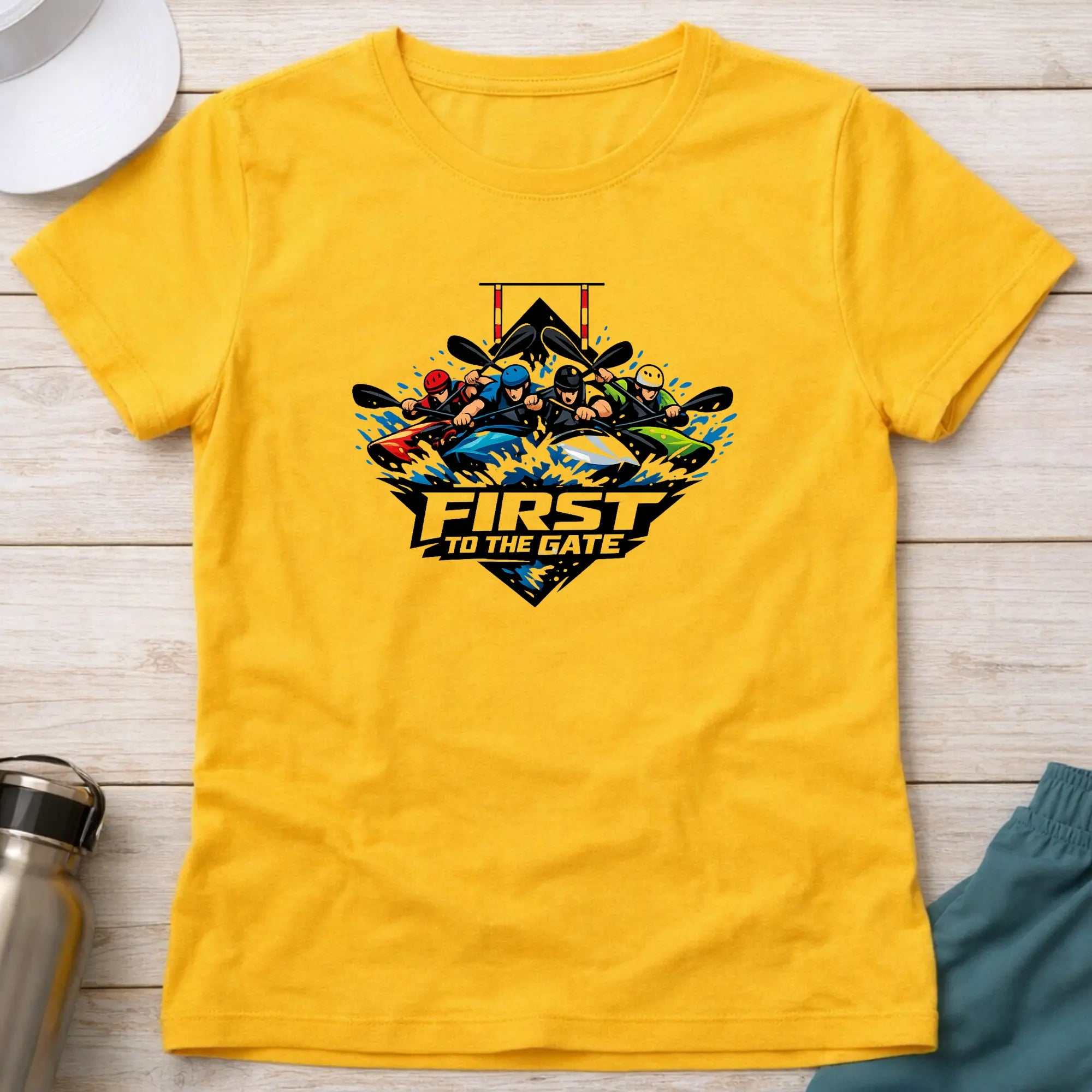 First To The Gate. Kayak Cross Slalom Female T-Shirt Printify