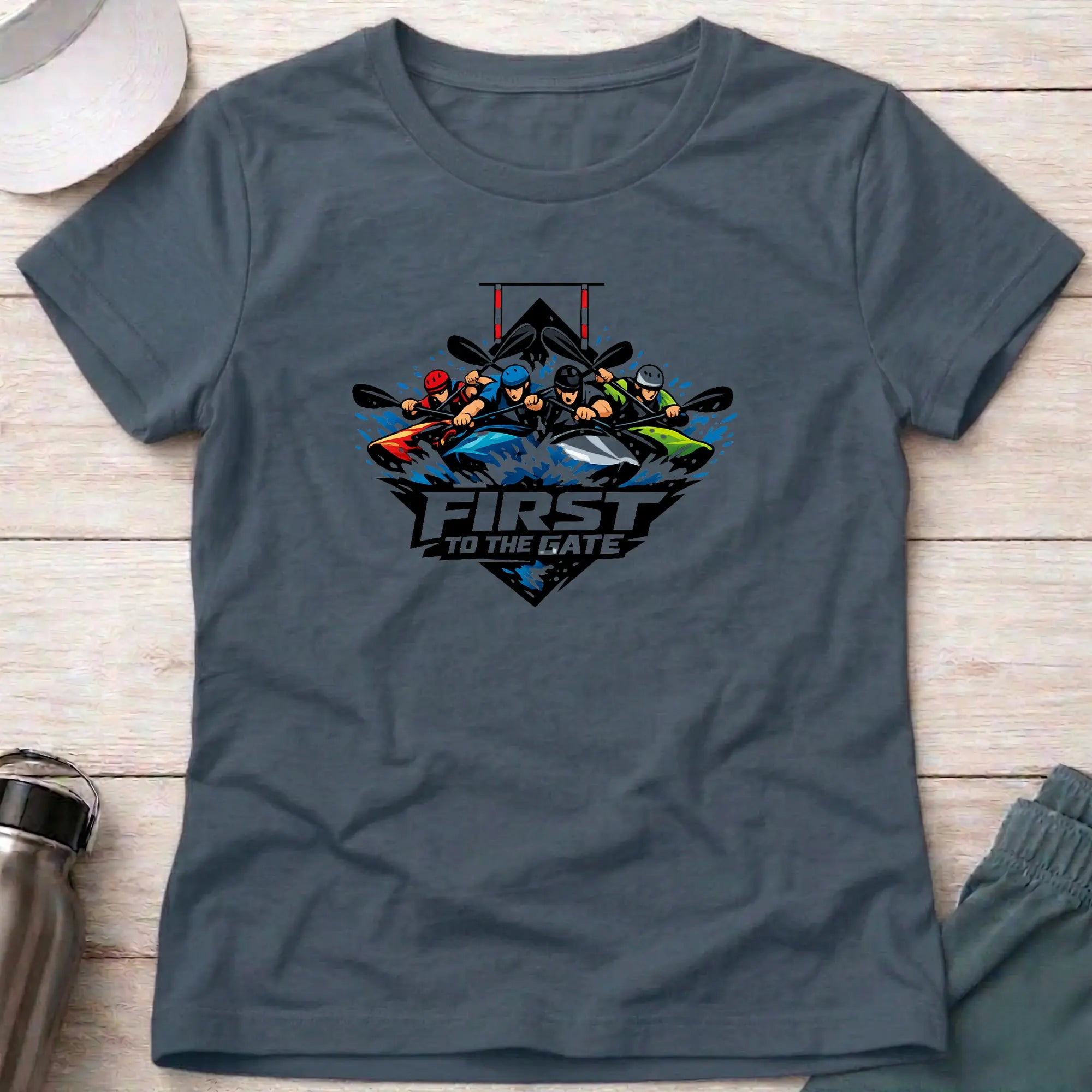 First To The Gate. Kayak Cross Slalom Female T-Shirt Printify