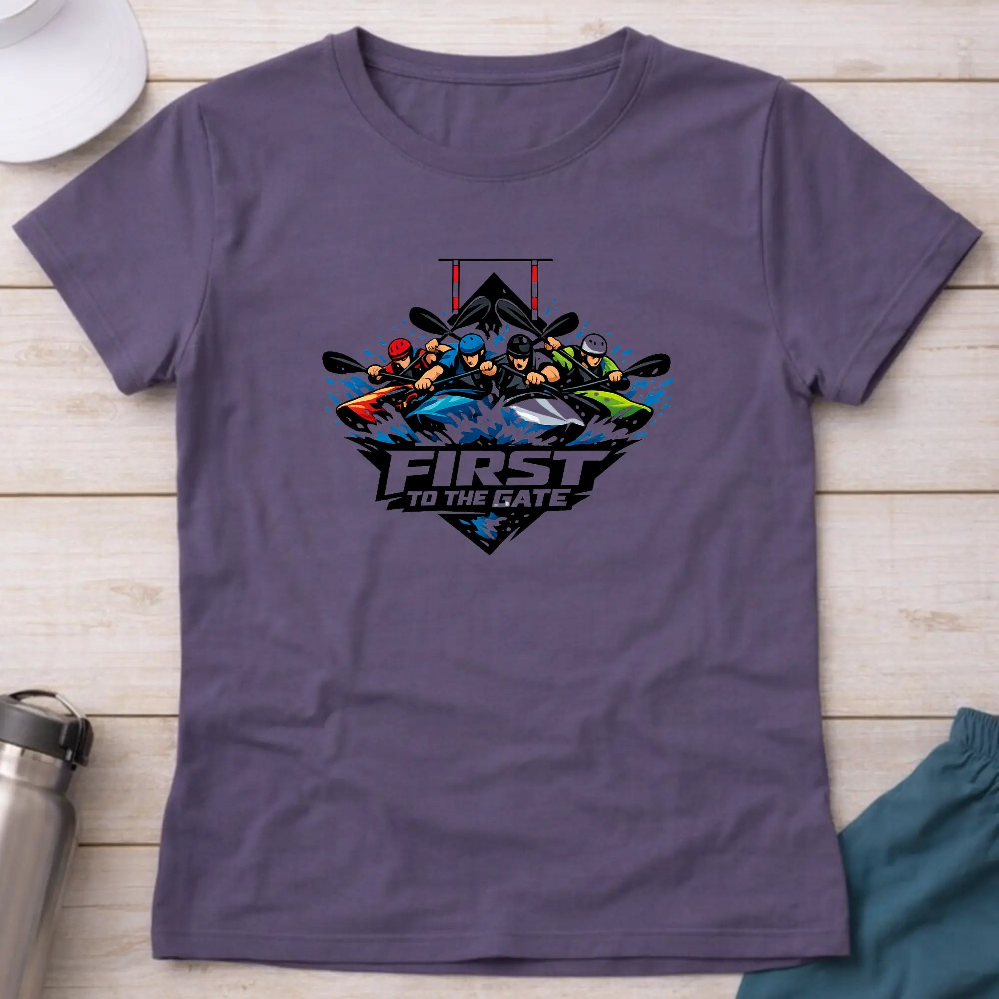 First To The Gate. Kayak Cross Slalom Female T-Shirt Printify