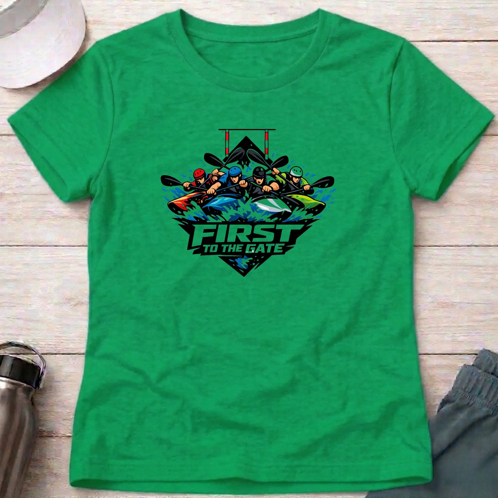 First To The Gate. Kayak Cross Slalom Female T-Shirt Printify
