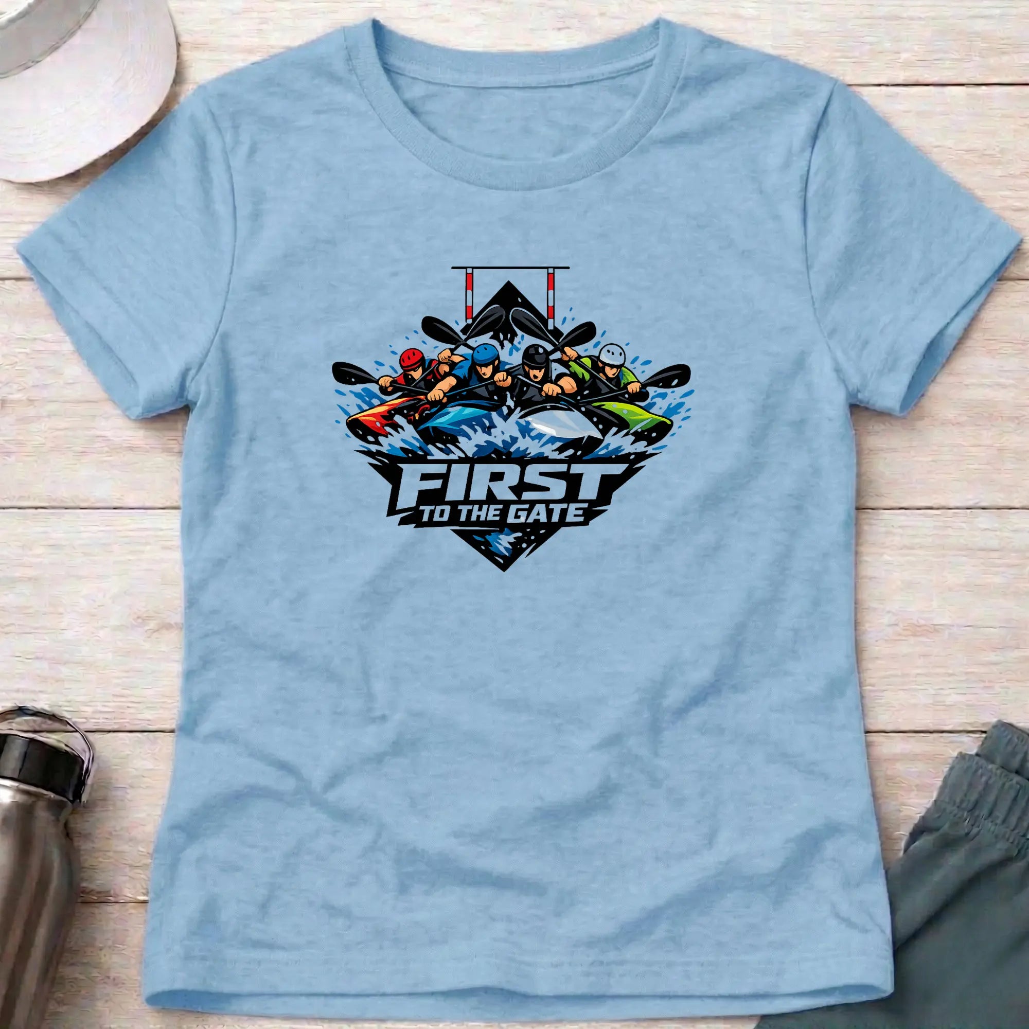 First To The Gate. Kayak Cross Slalom Female T-Shirt Printify
