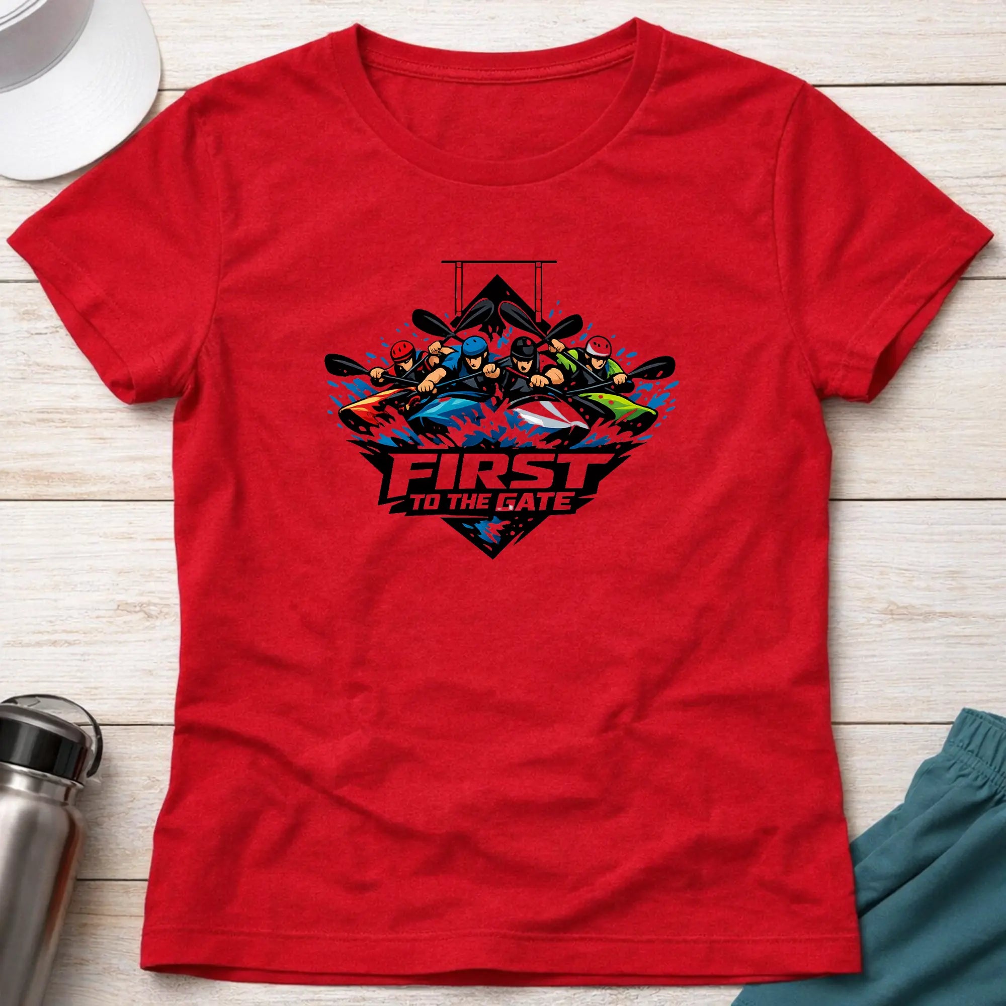 First To The Gate. Kayak Cross Slalom Female T-Shirt Printify